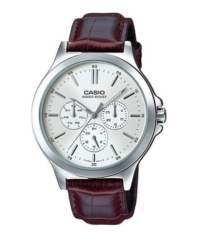 Casio A1177 Enticer Men’s Analog Quartz Watch with White Dial & Brown Leather Strap