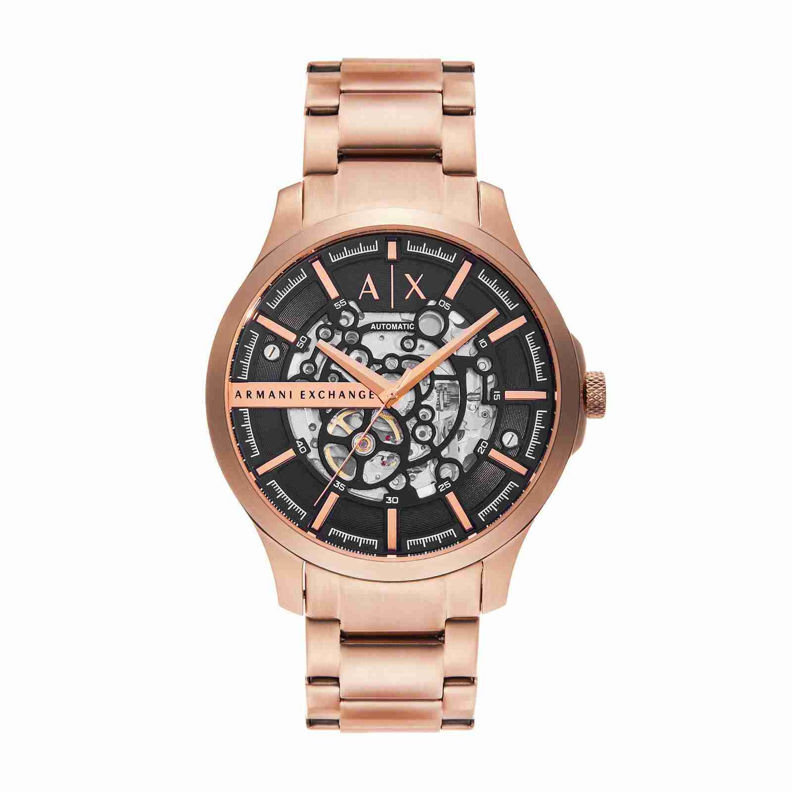 Armani Exchange AX2456I Men's Automatic Skeleton Watch Black Dial Rose Gold Stainless Steel Strap