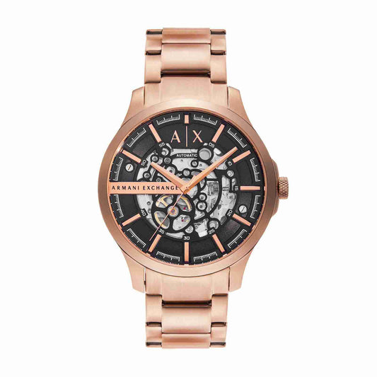 Armani Exchange AX2456I Men's Automatic Skeleton Watch Black Dial Rose Gold Stainless Steel Strap