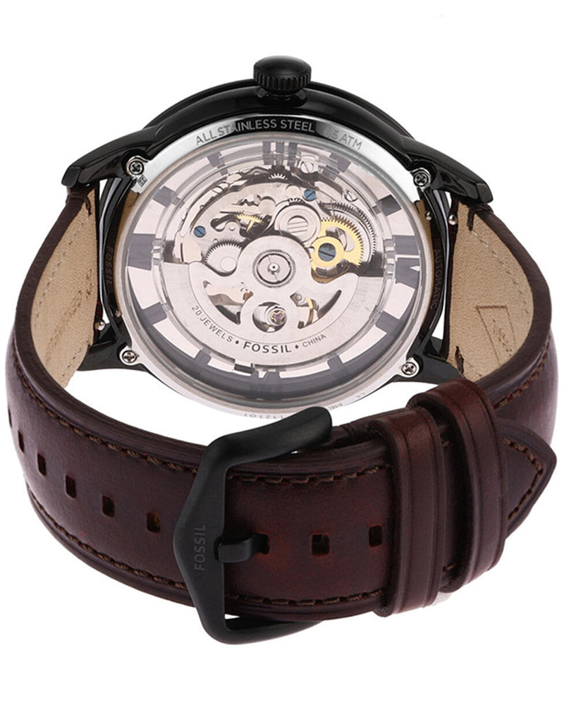 Fossil ME3098I Men's Automatic Skeleton Watch Brown Dial Brown Leather Strap