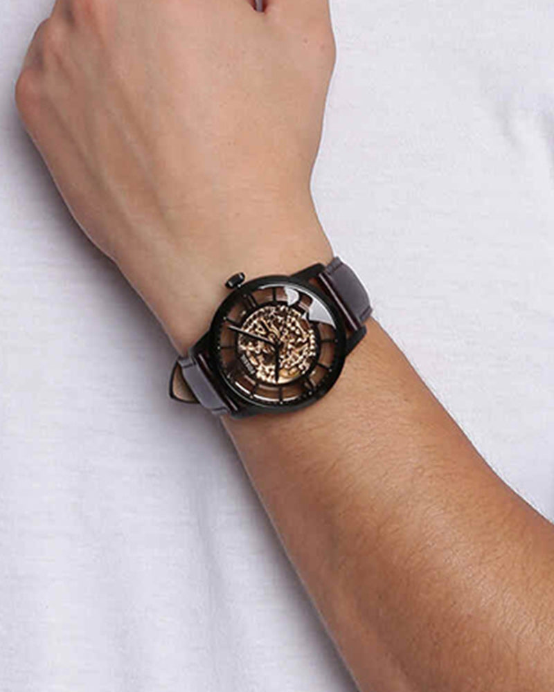 Fossil ME3098I Men's Automatic Skeleton Watch Brown Dial Brown Leather Strap