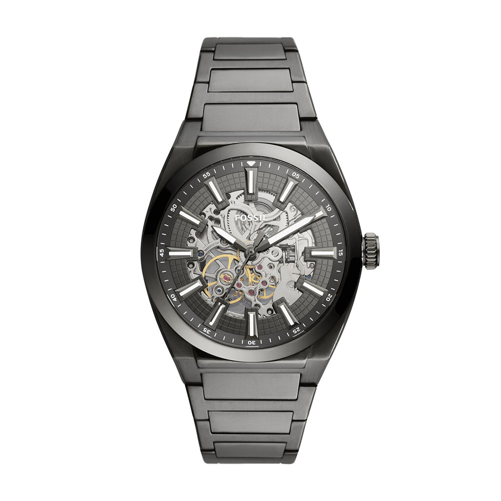 Fossil ME3206 Men's Automatic Skeleton Watch Grey Dial Smoke Stainless Steel Strap
