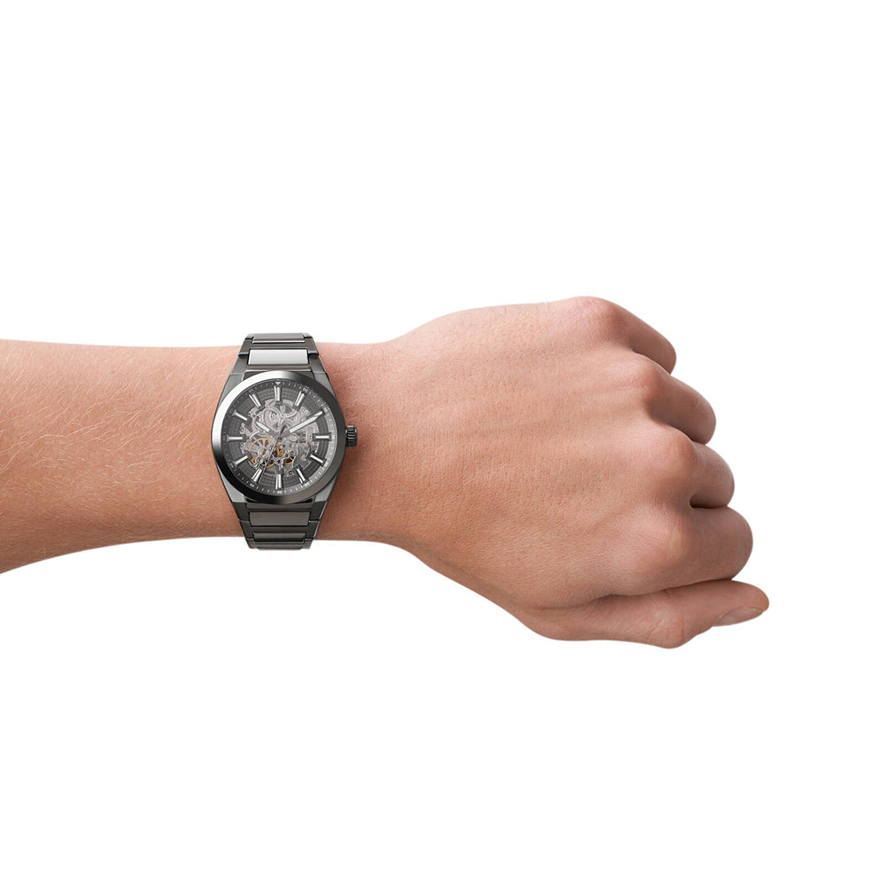 Fossil ME3206 Men's Automatic Skeleton Watch Grey Dial Smoke Stainless Steel Strap