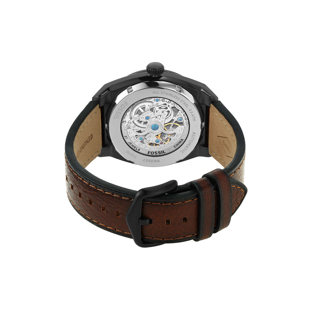 Fossil ME3207I Men's Automatic Skeleton Watch Brown Dial Brown Leather Strap
