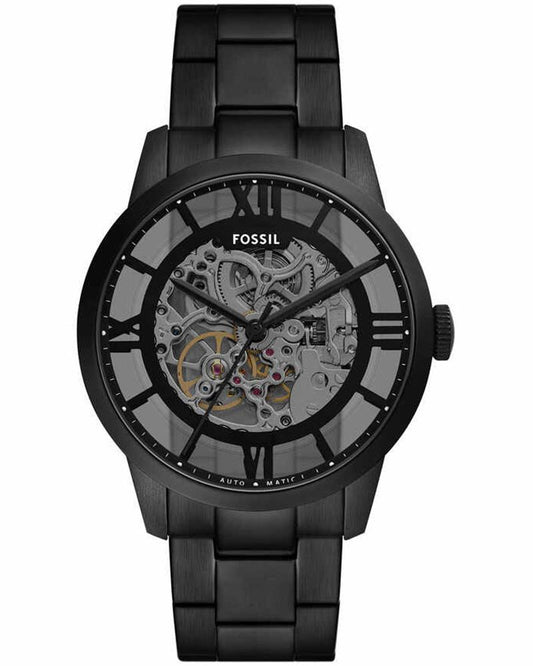 Fossil ME3269 Men's Automatic Skeleton Watch Transparent Dial Black Stainless Steel Strap