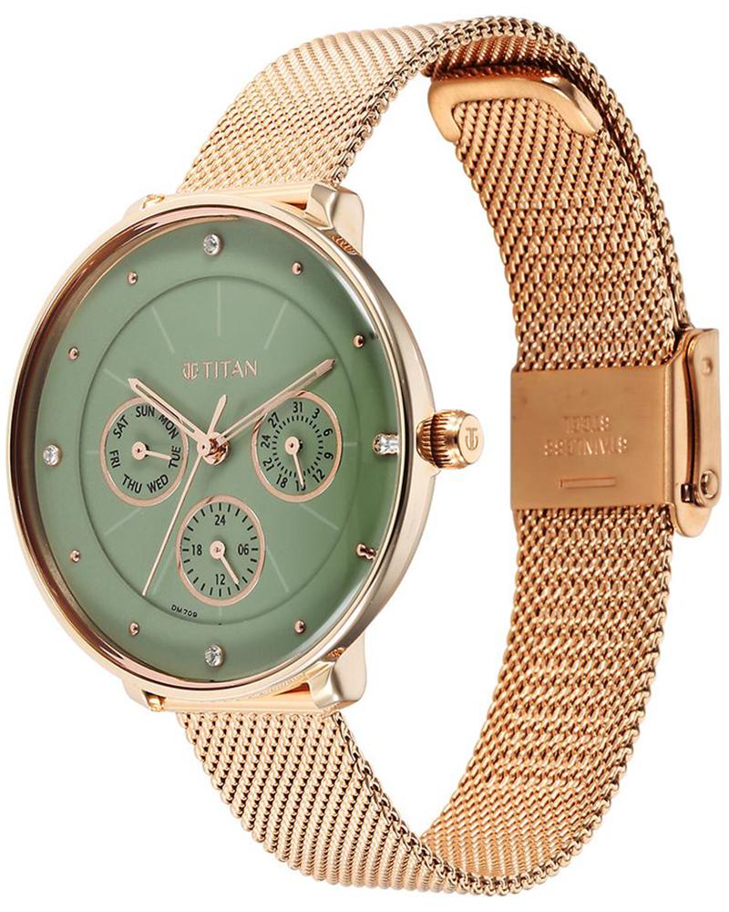 Titan 2651WM05 Neo Green Dial Multifunction Women's Rose Gold Stainless Steel Watch
