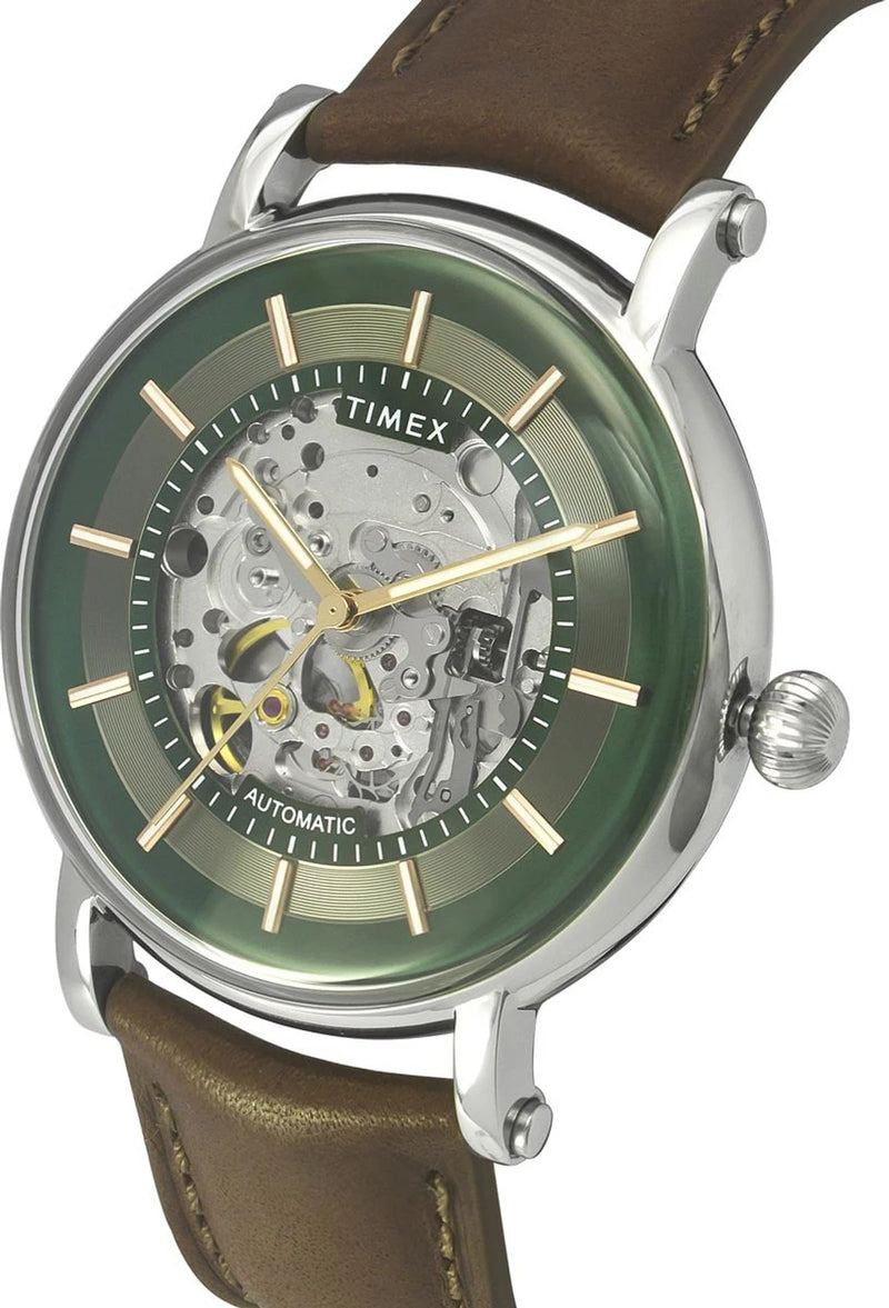 Timex 16717 E Class Automatic Skeleton Green Dial Brown Leather Men's Watch