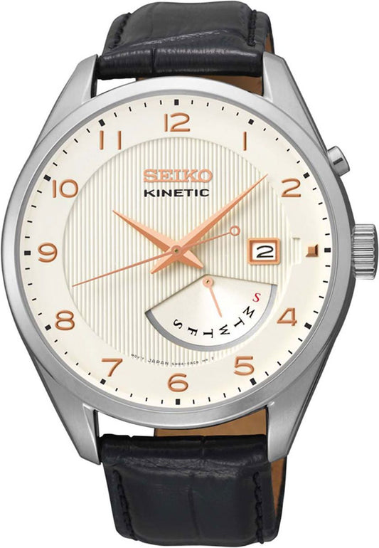 Seiko SRN049P1 Analog Kinetic Men White Dial Black Leather Strap Watch