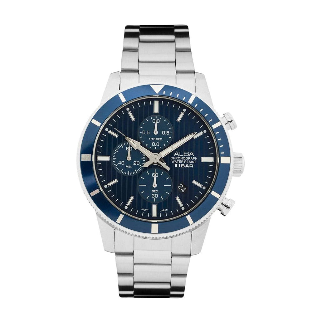 Alba AM3955X1 Men’s Chronograph Watch with Blue Patterned Dial & Silver Stainless-Steel Strap