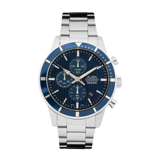 Alba AM3955X1 Men’s Chronograph Watch with Blue Patterned Dial & Silver Stainless-Steel Strap