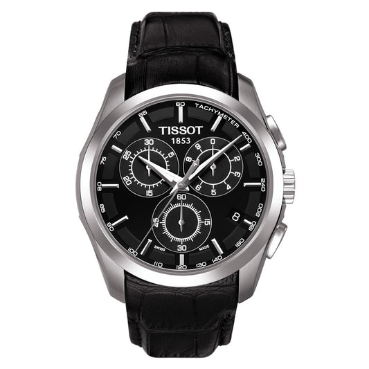 Tissot T0356171605100 Black Dial Men’s Chronograph Watch – Stainless Steel Case, Black Leather Strap, Swiss Quartz Movement