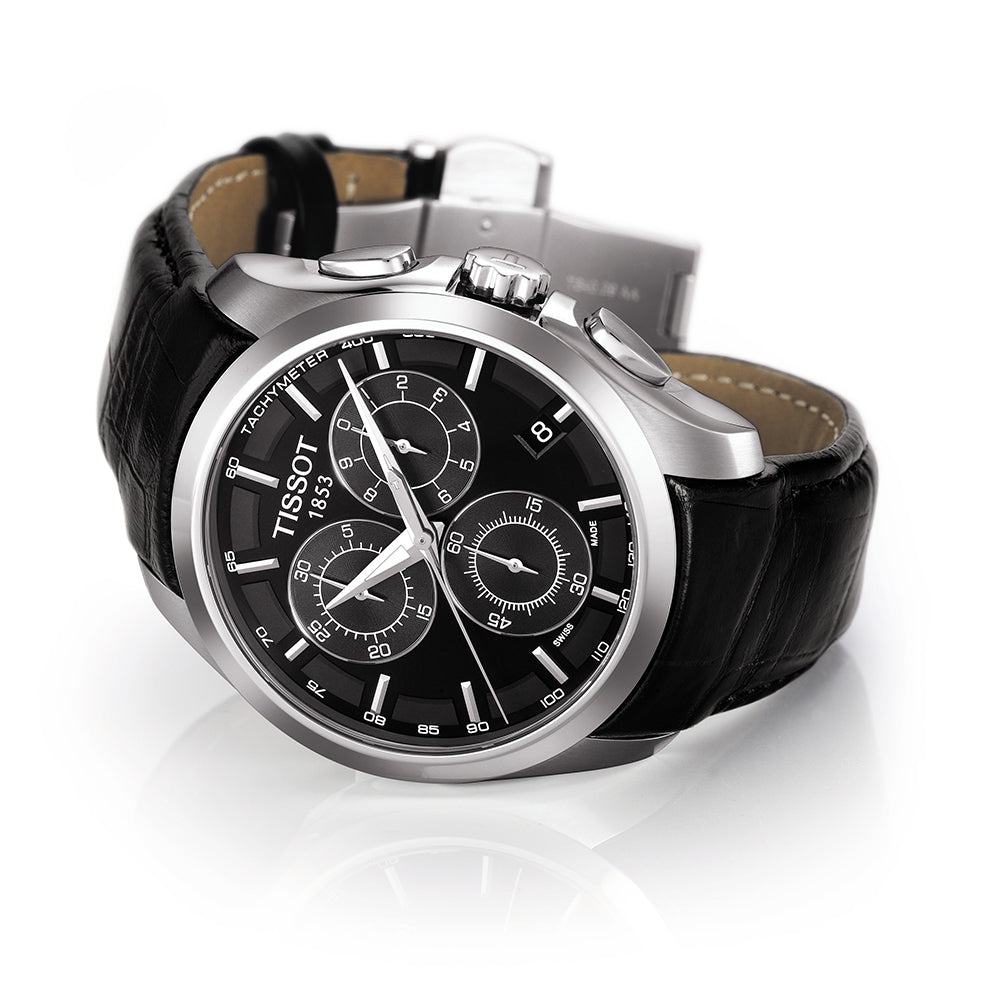 Tissot T0356171605100 Black Dial Men’s Chronograph Watch – Stainless Steel Case, Black Leather Strap, Swiss Quartz Movement
