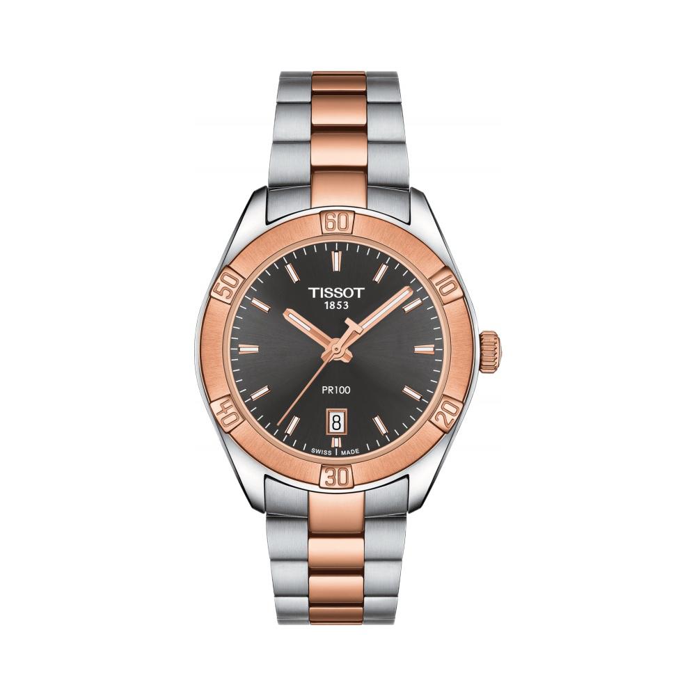 Tissot T1019102206100 Anthracite Dial 36 mm Women’s Swiss Quartz PR 100 Sport Chic Watch – Two-Tone Stainless Steel & Rose Gold PVD Bracelet