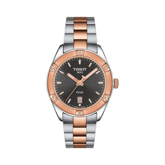 Tissot T1019102206100 Anthracite Dial 36 mm Women’s Swiss Quartz PR 100 Sport Chic Watch – Two-Tone Stainless Steel & Rose Gold PVD Bracelet
