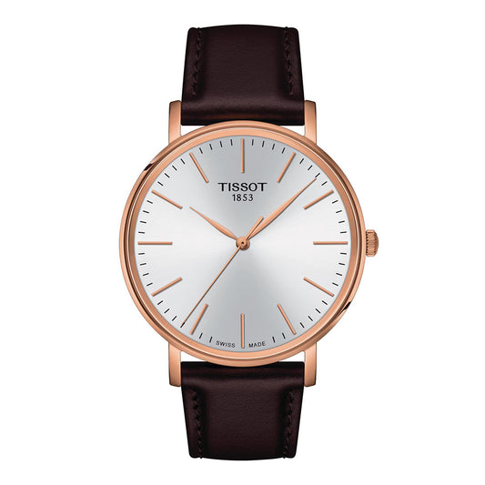 Tissot T1434103601100 Men Analog Quartz Watch with White Dial, Brown Leather Strap & Rose Gold Stainless Steel Case