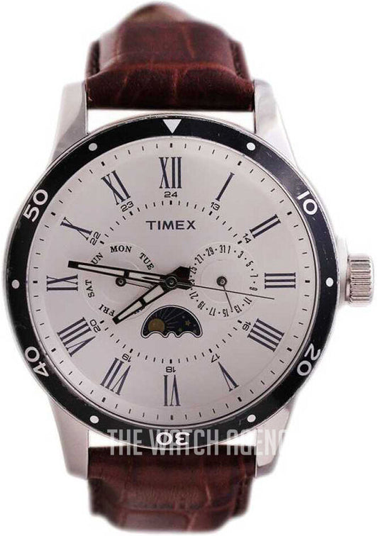 Timex TWEG14700 Analog Quartz Watch for Men – White/Silver Dial, Brown Leather Strap