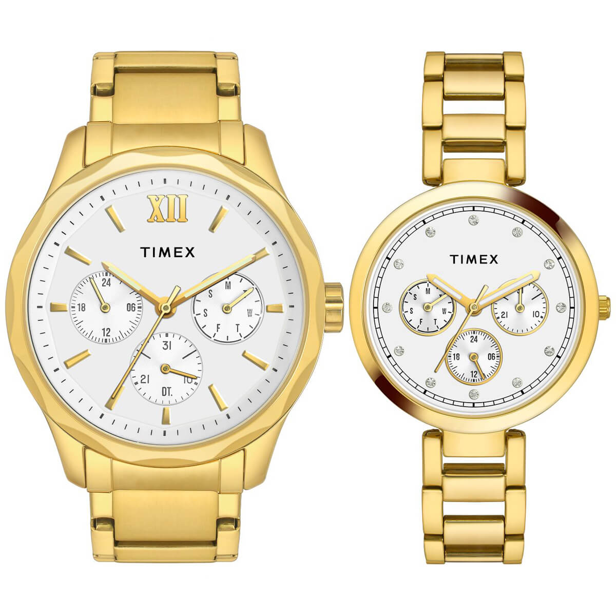 Timex TW00PR277 Unisex Silver Dial Quartz Pair Watch Classic Gold Stainless Steel Round Case Watch Set