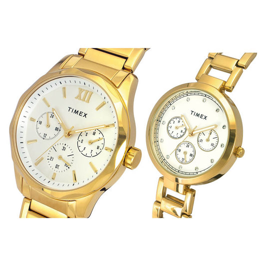 Timex TW00PR277 Unisex Silver Dial Quartz Pair Watch Classic Gold Stainless Steel Round Case Watch Set