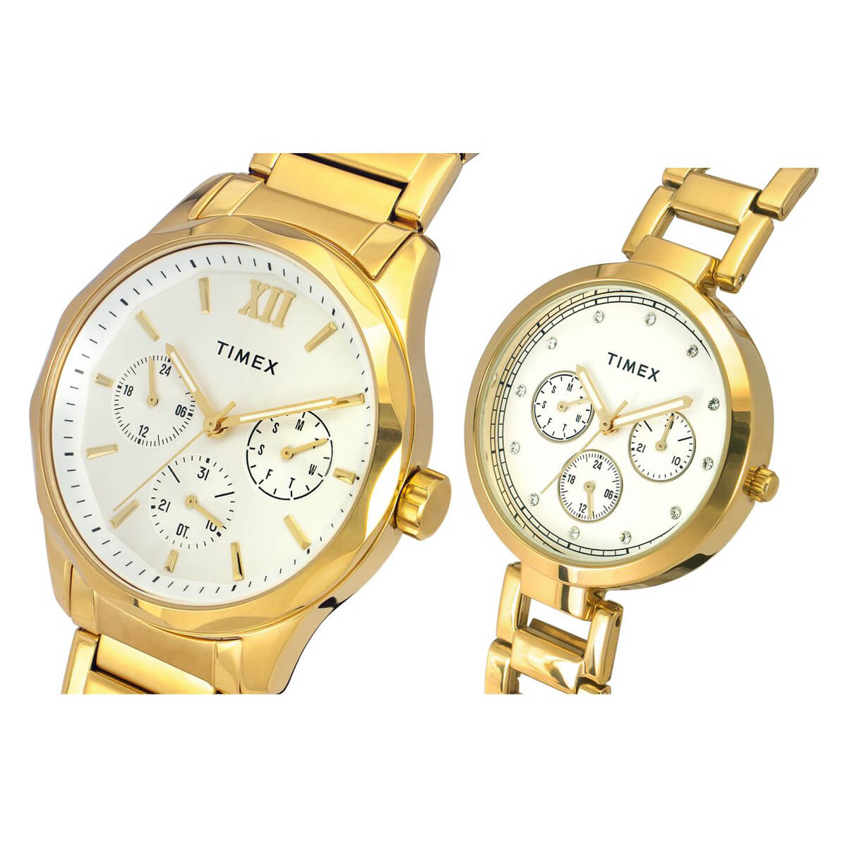 Timex TW00PR277 Unisex Silver Dial Quartz Pair Watch Classic Gold Stainless Steel Round Case Watch Set