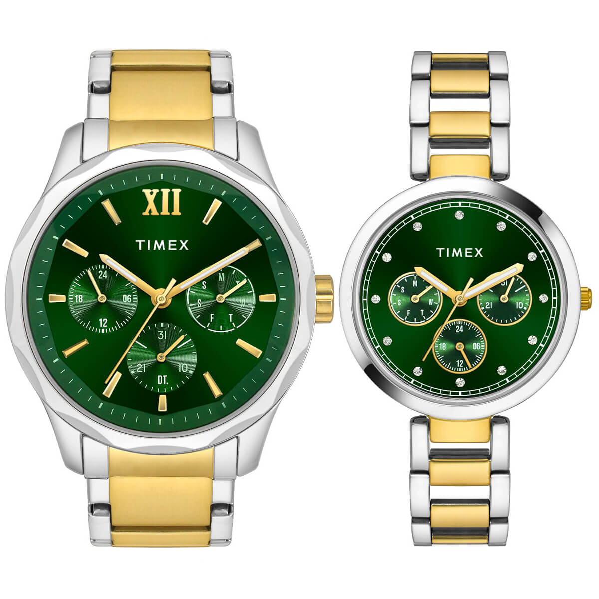 Timex TW00PR278 Unisex Green Dial Quartz Analog Pair Watch Set Stainless Steel Round Watch Set
