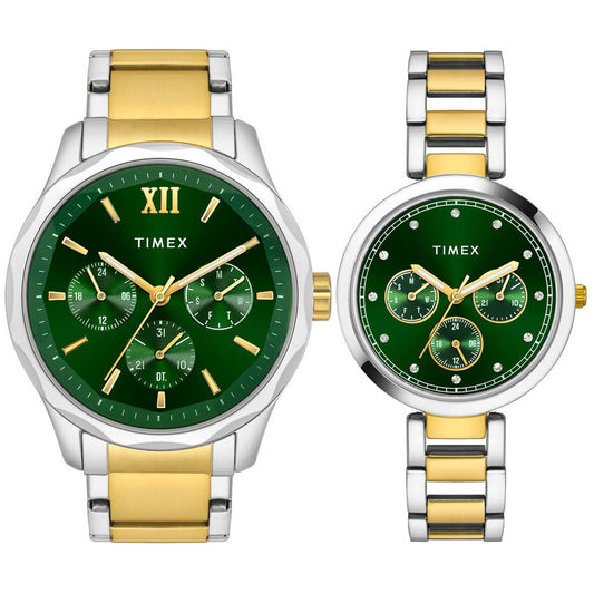 Timex TW00PR278 Unisex Green Dial Quartz Analog Pair Watch Set Stainless Steel Round Watch Set