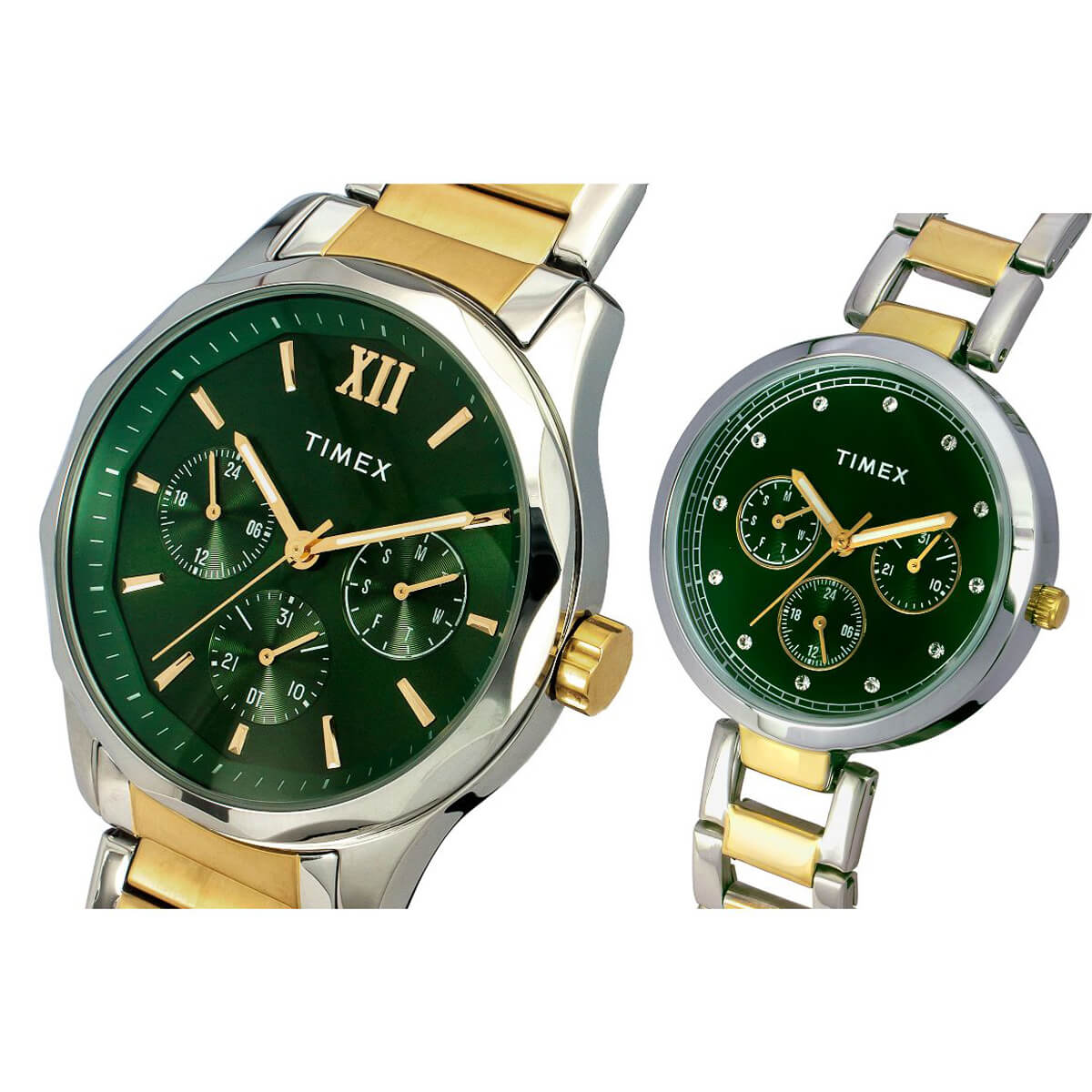 Timex TW00PR278 Unisex Green Dial Quartz Analog Pair Watch Set Stainless Steel Round Watch Set