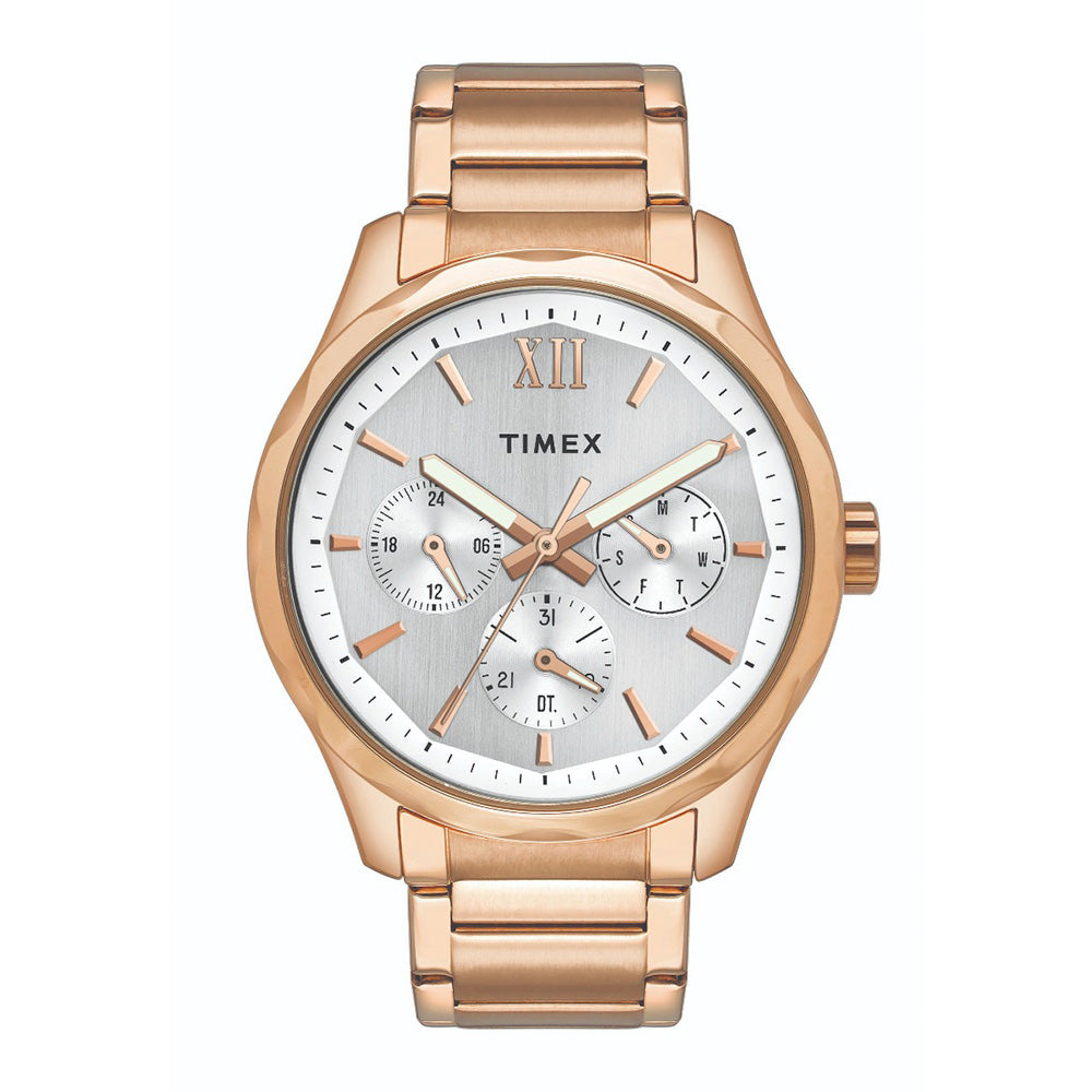 Timex TW0TG7605 Men’s Silver Dial Rose‑Gold Stainless Steel Multifunction Watch