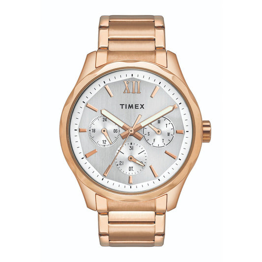 Timex TW0TG7605 Men’s Silver Dial Rose‑Gold Stainless Steel Multifunction Watch