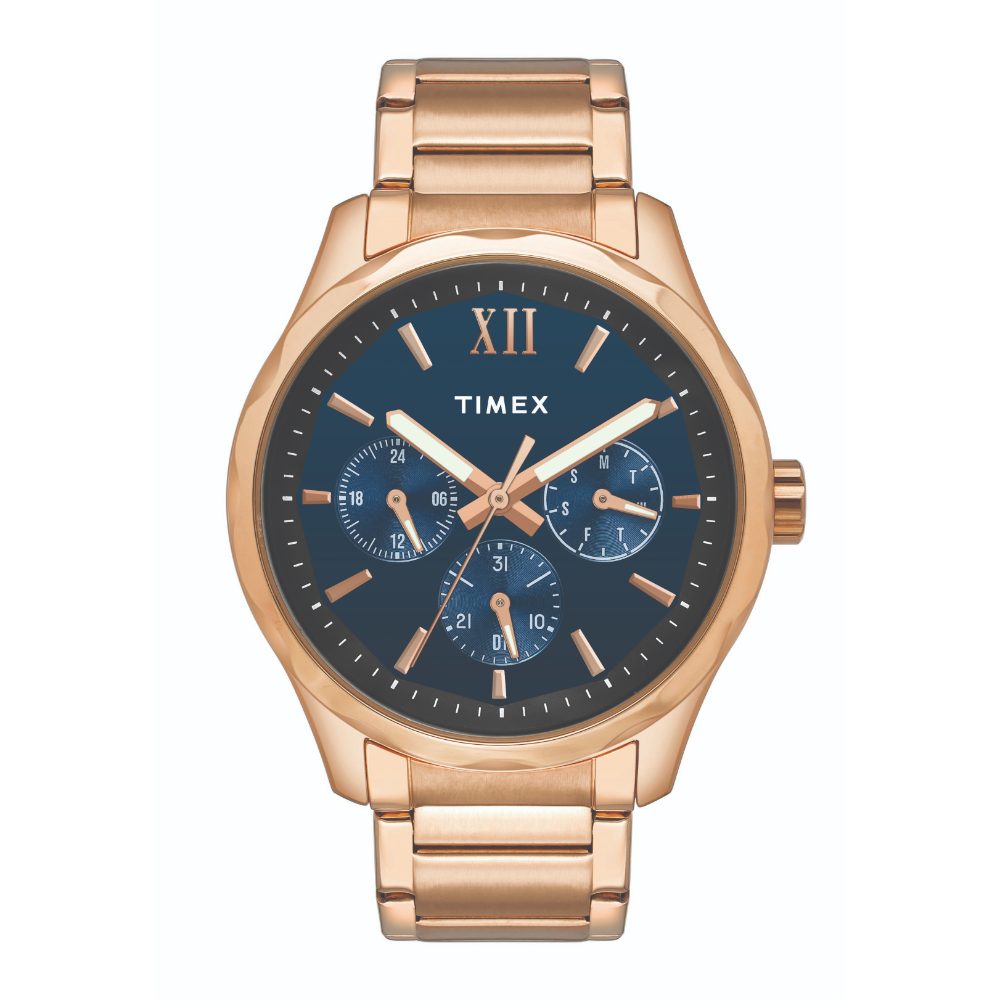 Timex TW0TG7606 Men’s Blue Dial Rose‑Gold Stainless Steel Multifunction Watch