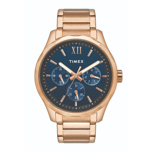 Timex TW0TG7606 Men’s Blue Dial Rose‑Gold Stainless Steel Multifunction Watch