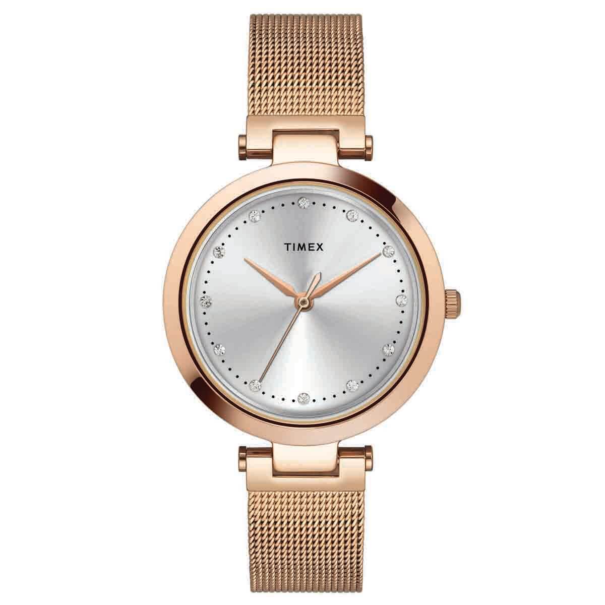 Timex TWEL11823 Women’s Silver-Dial Rose-Gold Mesh Stainless-Steel Analog Watch