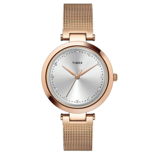 Timex TWEL11823 Women’s Silver-Dial Rose-Gold Mesh Stainless-Steel Analog Watch