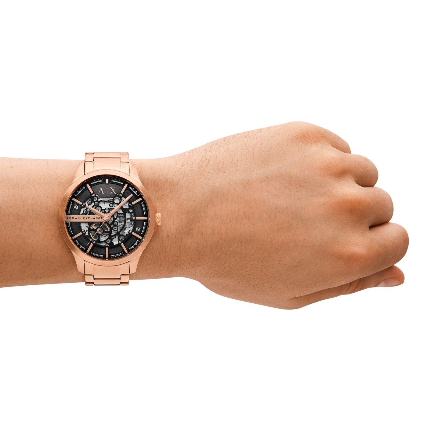 Armani Exchange AX2456I Men's Automatic Skeleton Watch Black Dial Rose Gold Stainless Steel Strap